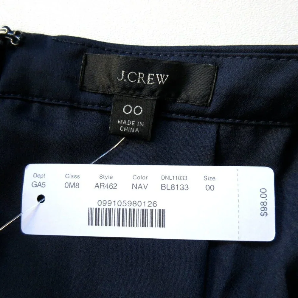 NWT J.Crew Pleated Midi in Navy Blue Satin A-line Flared Skirt 00 $98